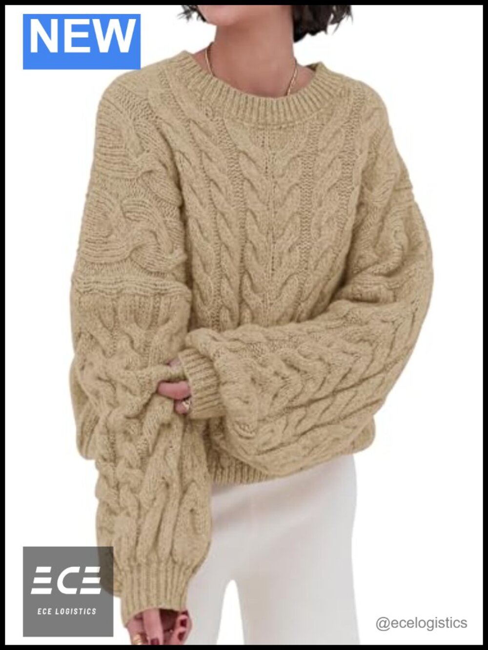 Womens Oversized Cable Knit Crewneck Long Sleeve Pullover Sweater